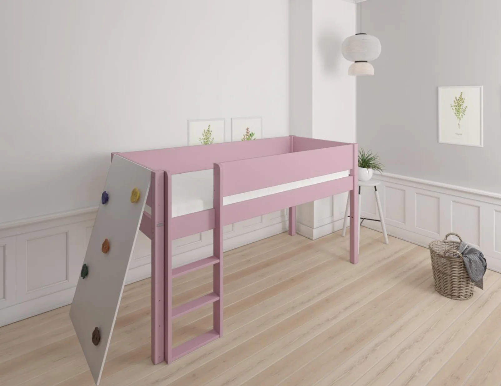 Borr halvhøj børneseng med klatrevæg - height bed with climping wall - 90*160cm - Dusty rose - 25