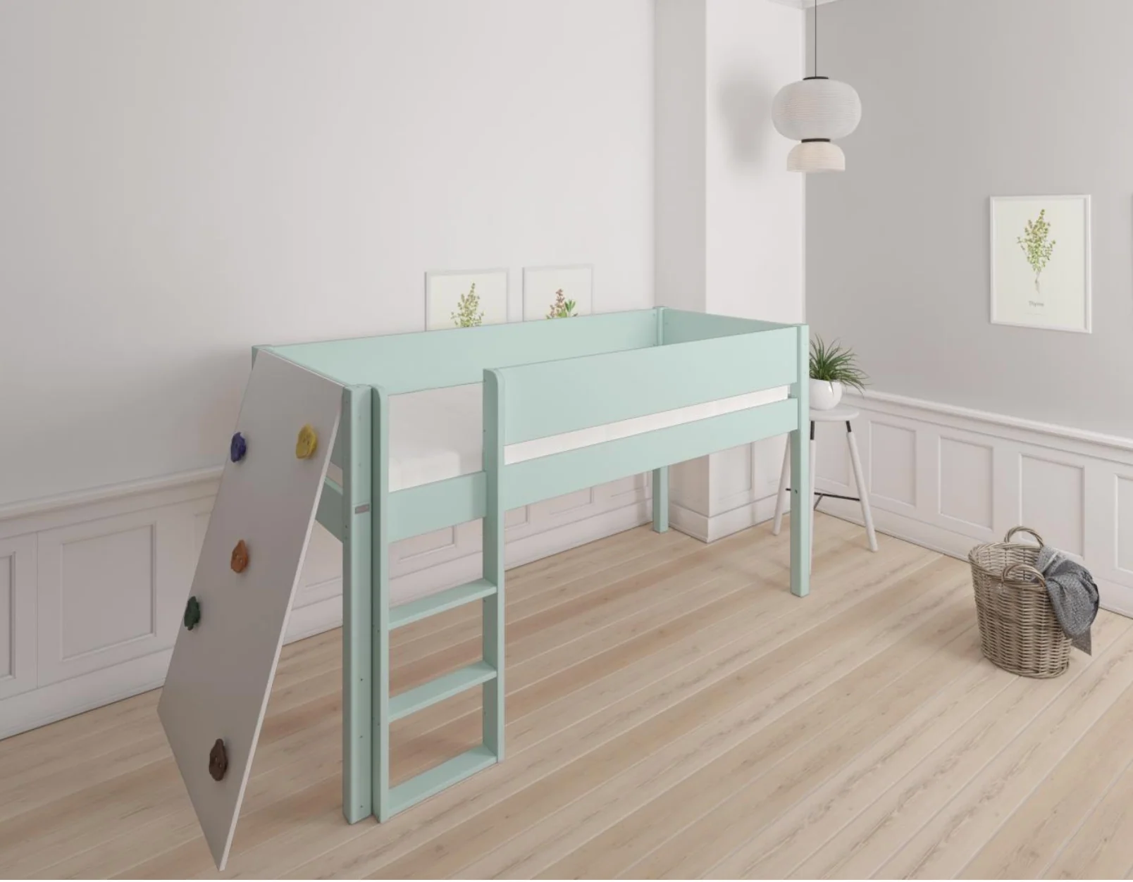 Borr halvhøj børneseng med klatrevæg - height bed with climping wall - 90*200cm - Azur mint - 22