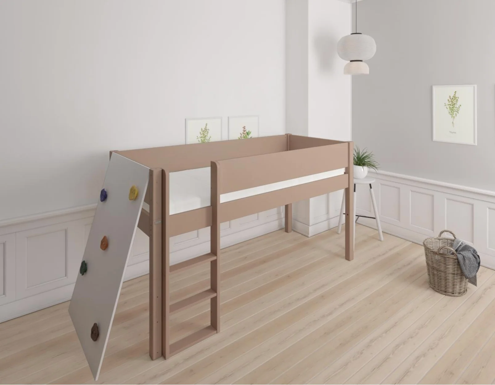 Borr halvhøj børneseng med klatrevæg - height bed with climping wall - 90*200cm - Cafélatte - 55