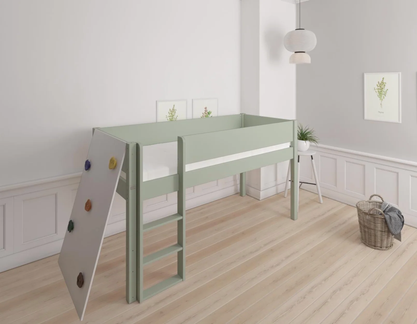 Borr halvhøj børneseng med klatrevæg - height bed with climping wall - 90*200cm - Light green - 54