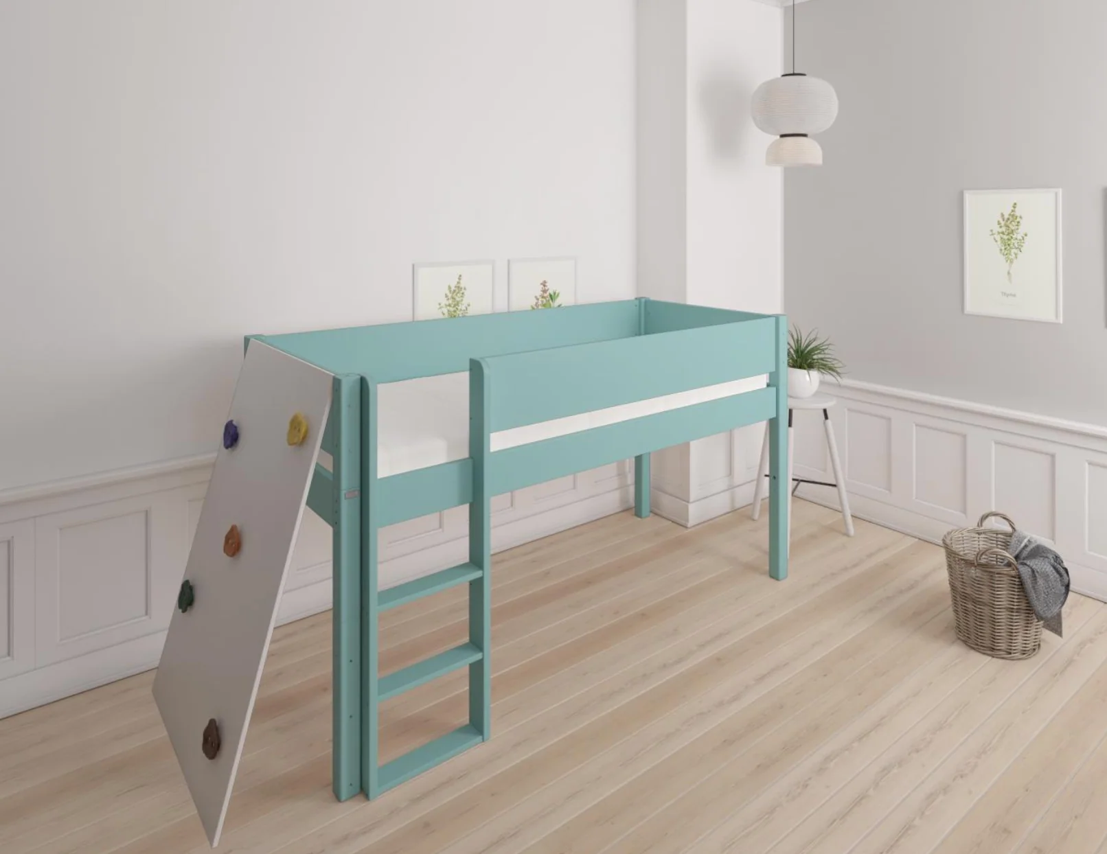 Borr halvhøj børneseng med klatrevæg - height bed with climping wall - 90*200cm - Mint blue - 42