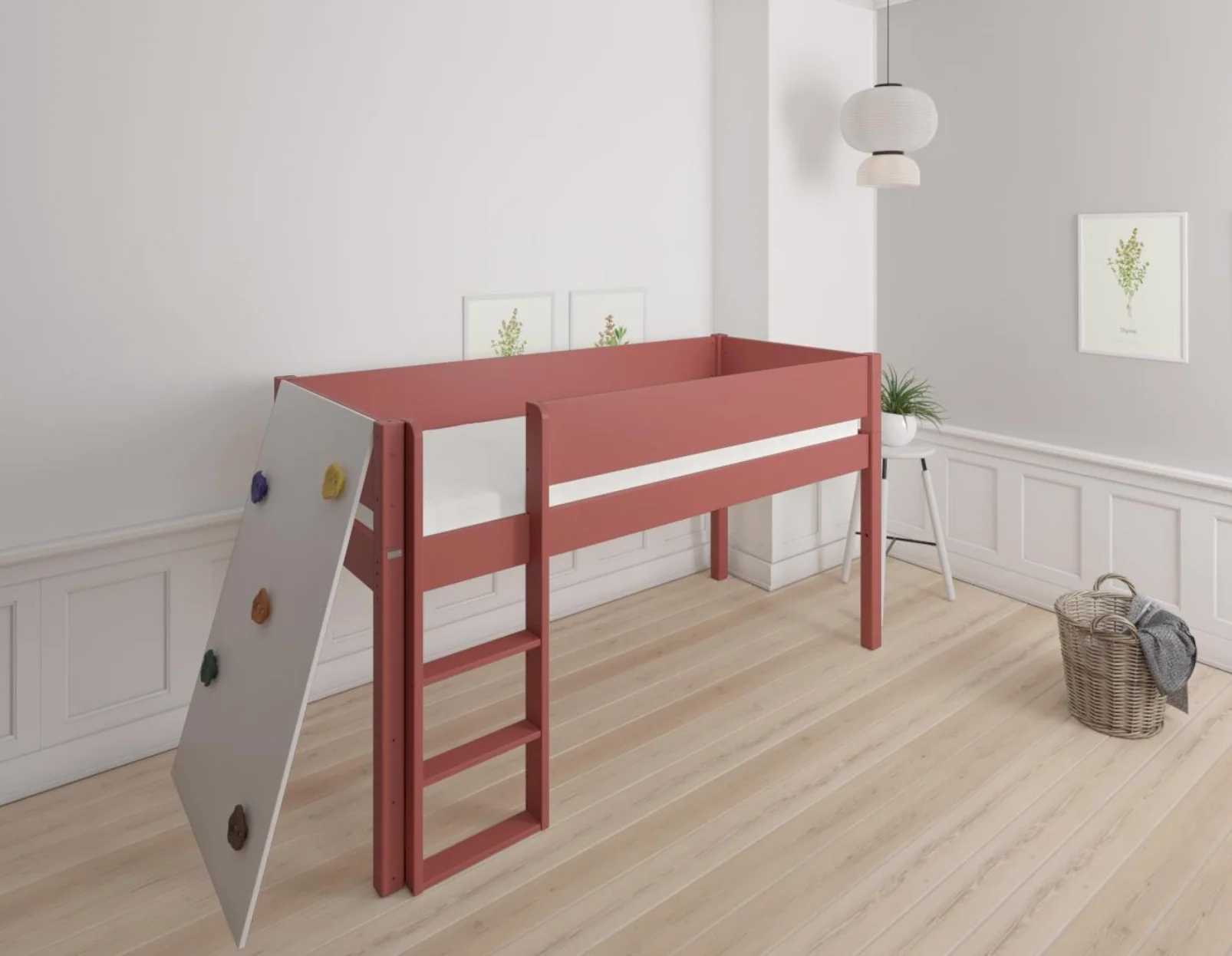 Borr halvhøj børneseng med klatrevæg - height bed with climping wall - 90*200cm - Rusty red - 35