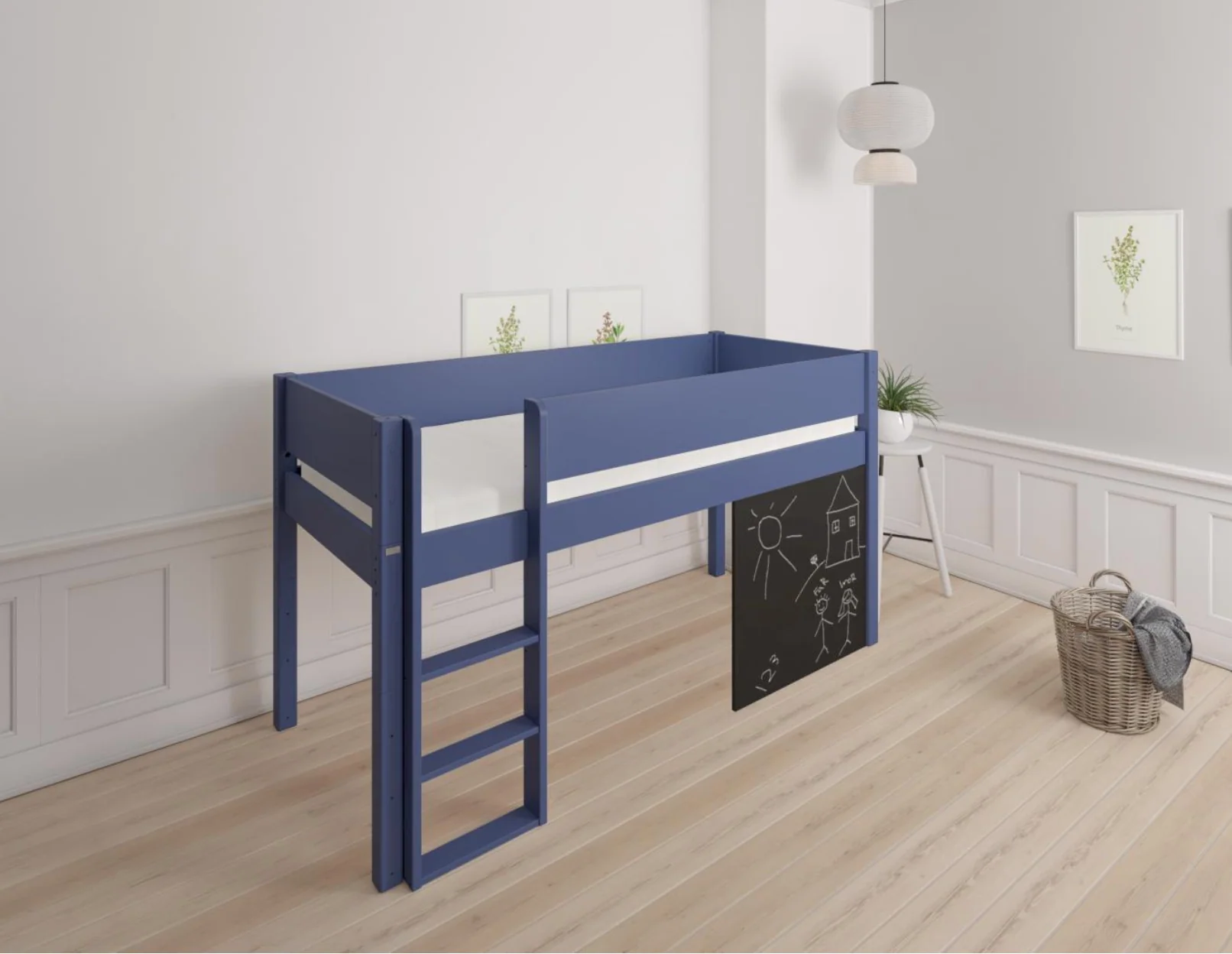 Dea halvhøj børneseng med tavle - height children's bed with chalkboard - 90*160cm - Denim blue - 21