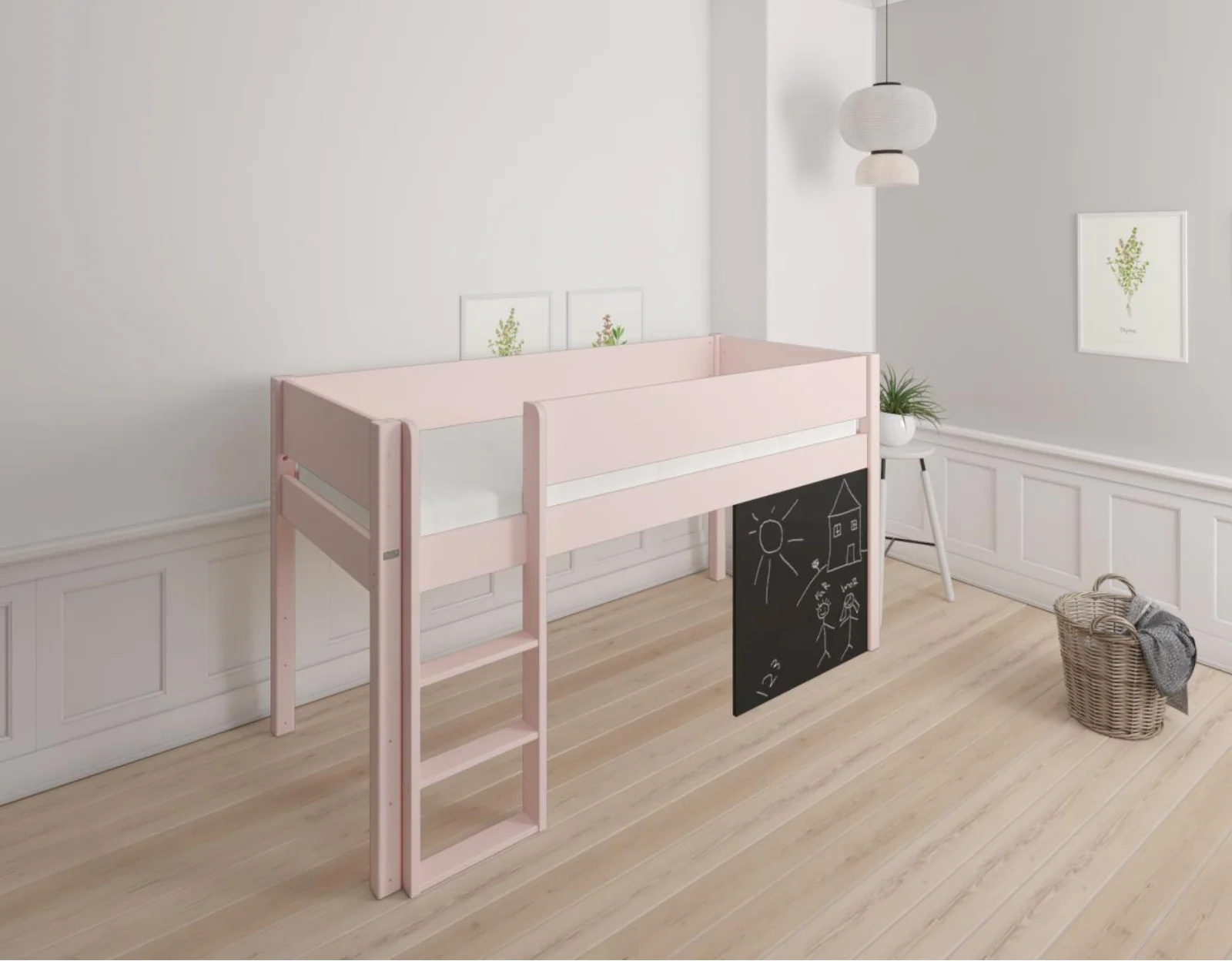 Dea halvhøj børneseng med tavle - height children's bed with chalkboard - 90*160cm - Light rose - 24