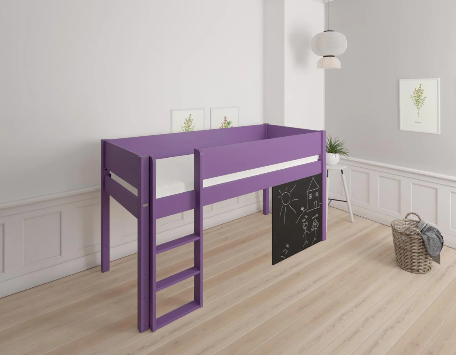 Dea halvhøj børneseng med tavle - height children's bed with chalkboard - 90*160cm - Purple - 31