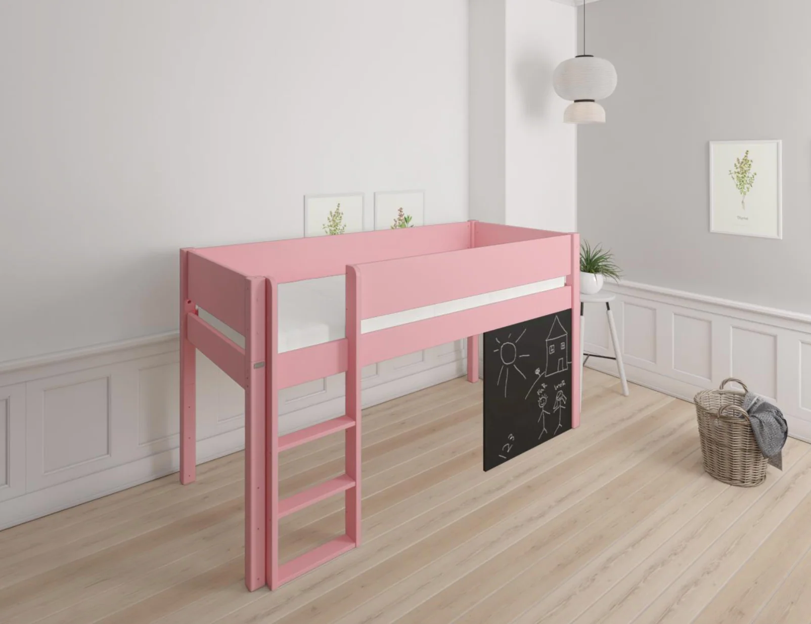 Dea halvhøj børneseng med tavle - height children's bed with chalkboard - 90*160cm - Rose - 30