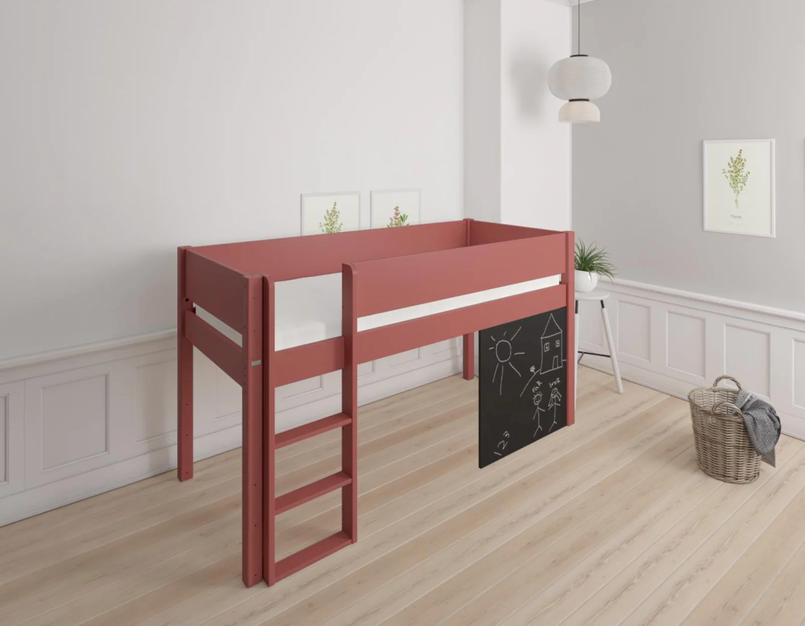 Dea halvhøj børneseng med tavle - height children's bed with chalkboard - 90*160cm - Rusty red - 35