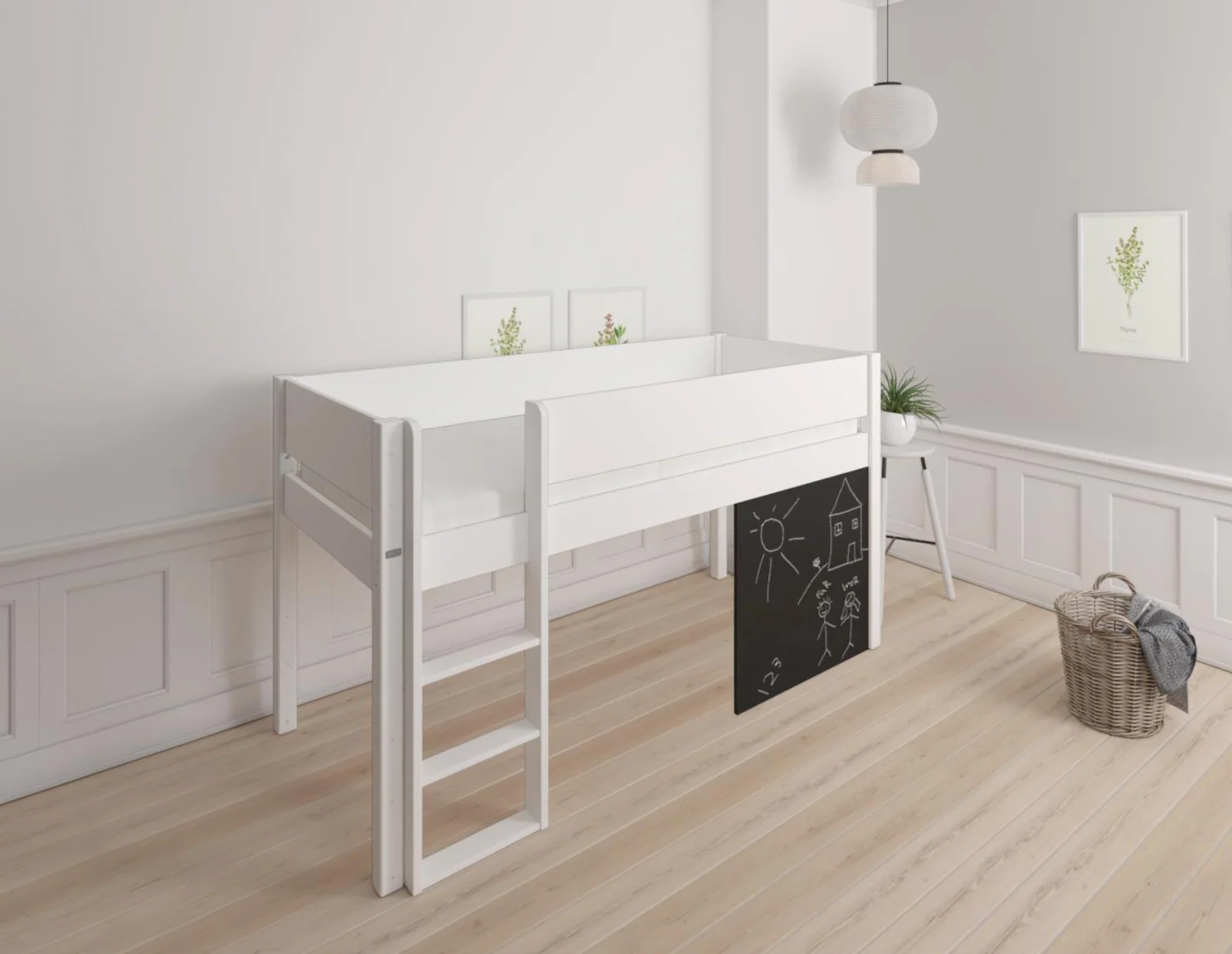 Dea halvhøj børneseng med tavle - height children's bed with chalkboard - 90*160cm - Snow white - 11