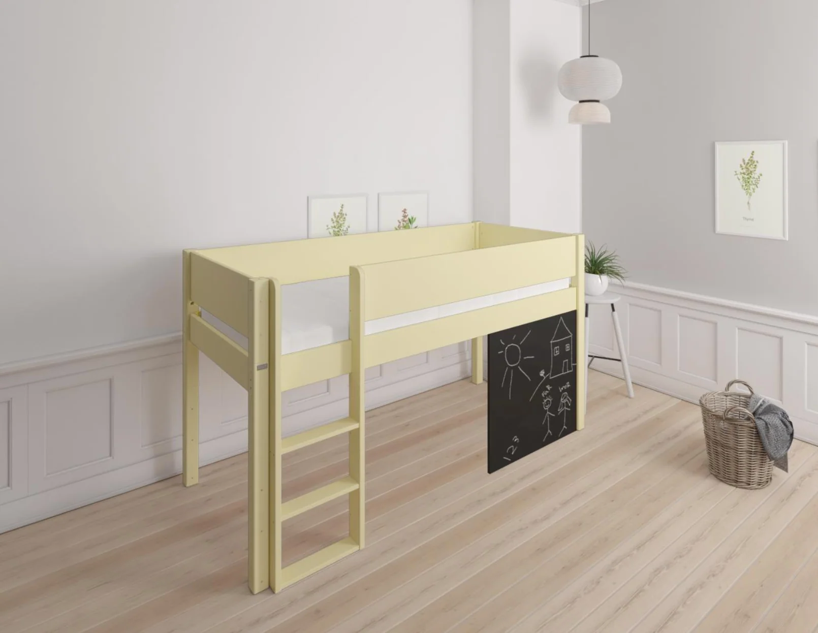 Dea halvhøj børneseng med tavle - height children's bed with chalkboard - 90*160cm - Sunny yellow - 44