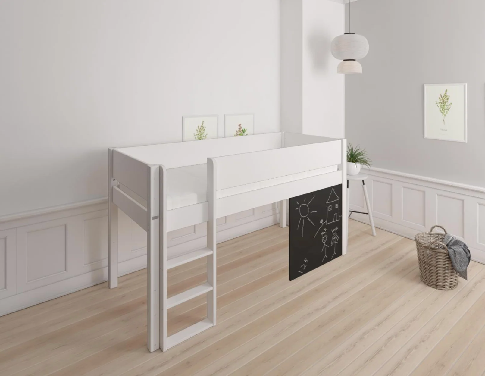 Dea halvhøj børneseng med tavle - height children's bed with chalkboard - 90*160cm - White - 1