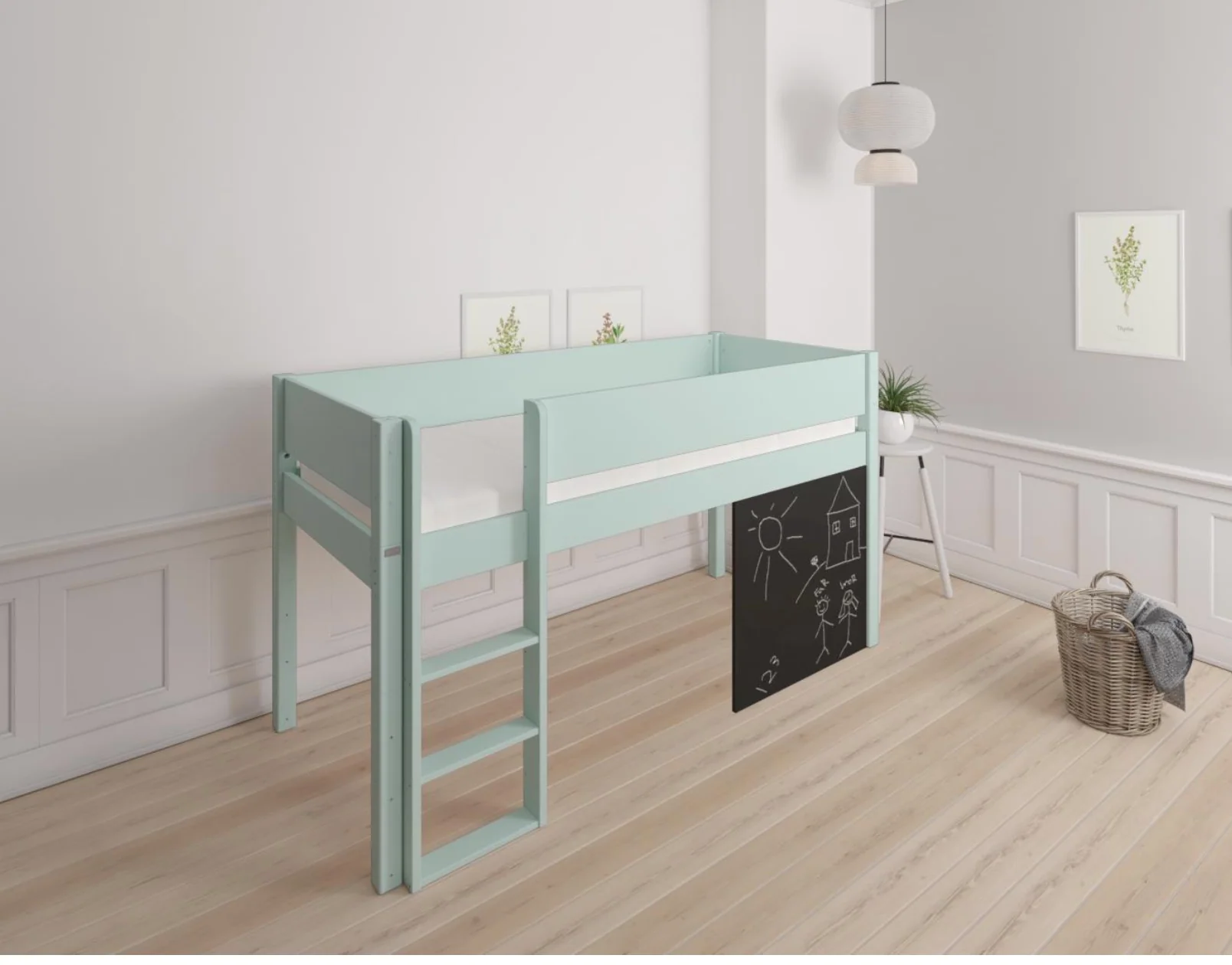 Dea halvhøj børneseng med tavle - height children's bed with chalkboard - 90*200cm - Azur mint - 22