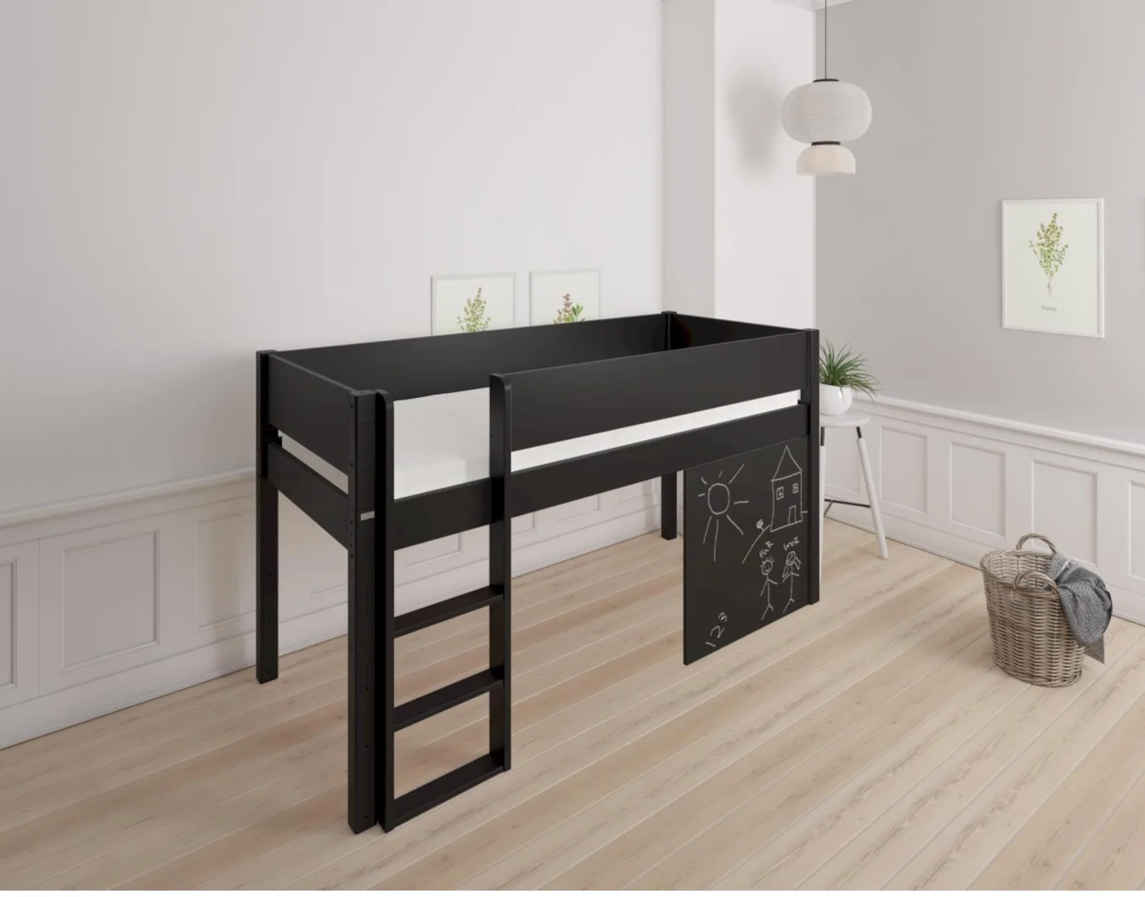 Dea halvhøj børneseng med tavle - height children's bed with chalkboard - 90*200cm - Black - 39