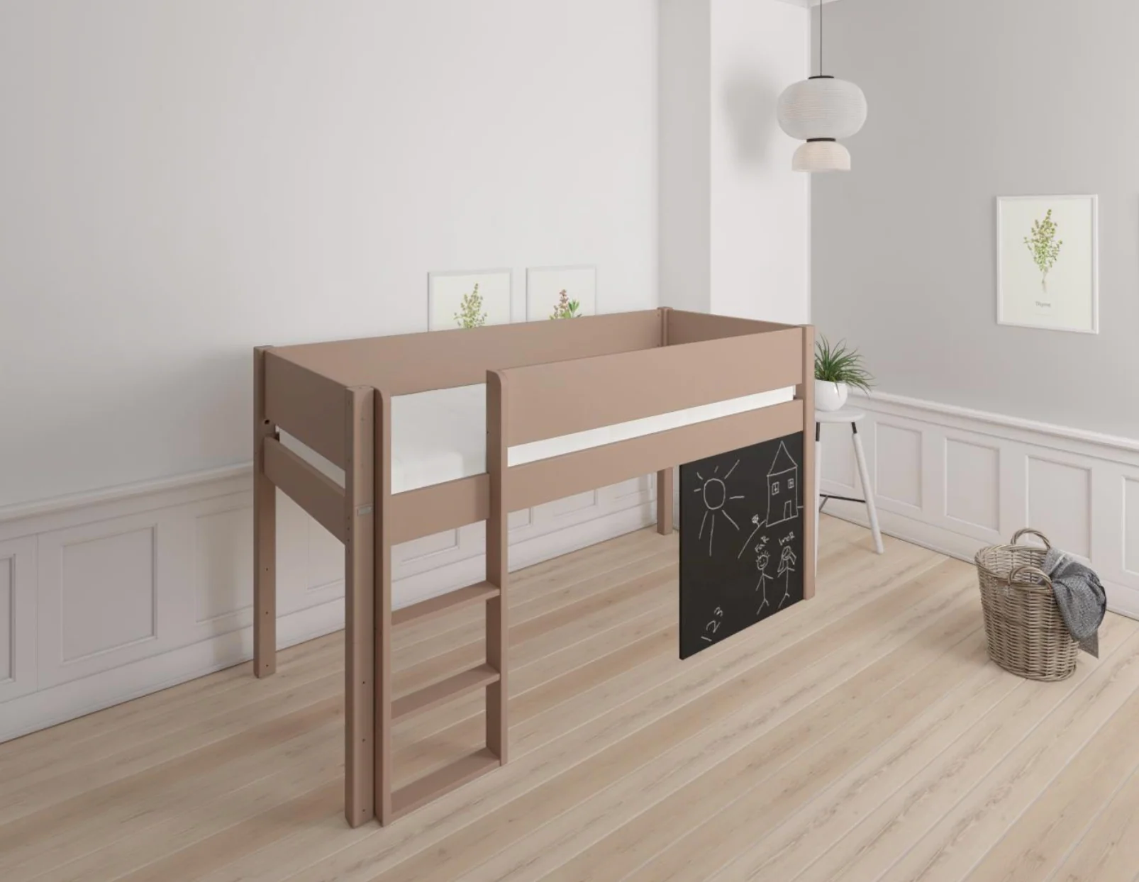 Dea halvhøj børneseng med tavle - height children's bed with chalkboard - 90*200cm - Cafélatte - 55