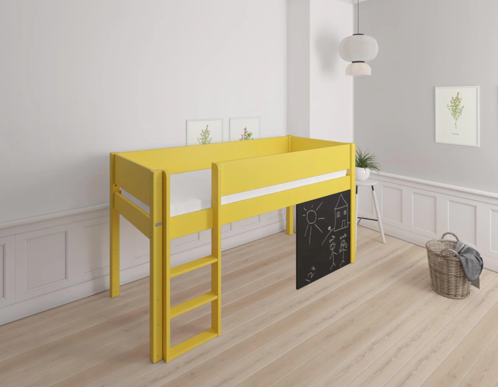 Dea halvhøj børneseng med tavle - height children's bed with chalkboard - 90*200cm - Curry yellow - 43