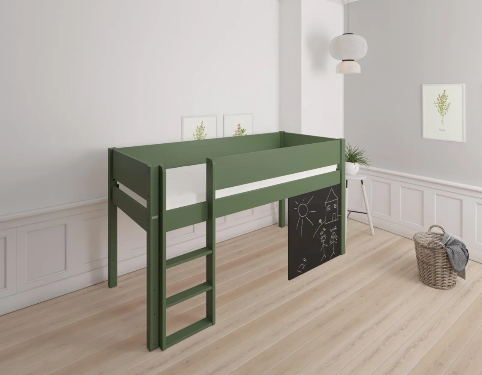 Dea halvhøj børneseng med tavle - height children's bed with chalkboard - 90*200cm - Dark green - 53
