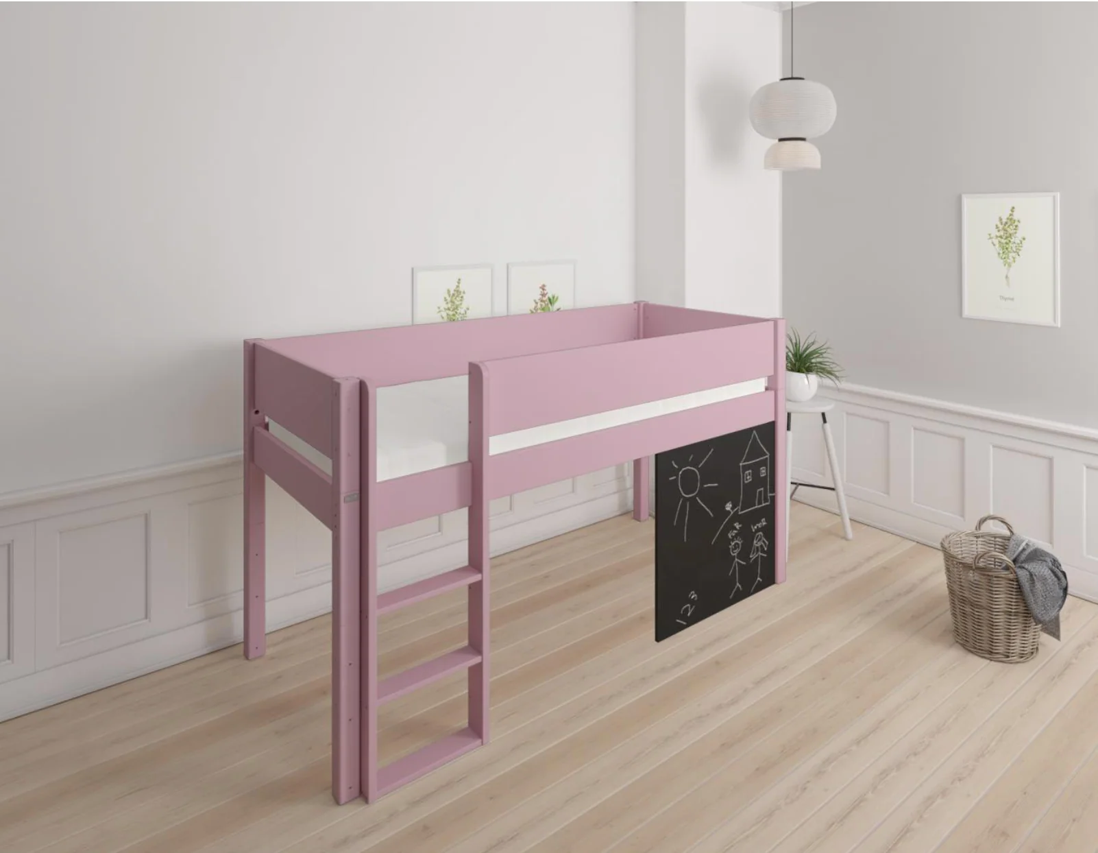 Dea halvhøj børneseng med tavle - height children's bed with chalkboard - 90*200cm - Dusty rose - 25