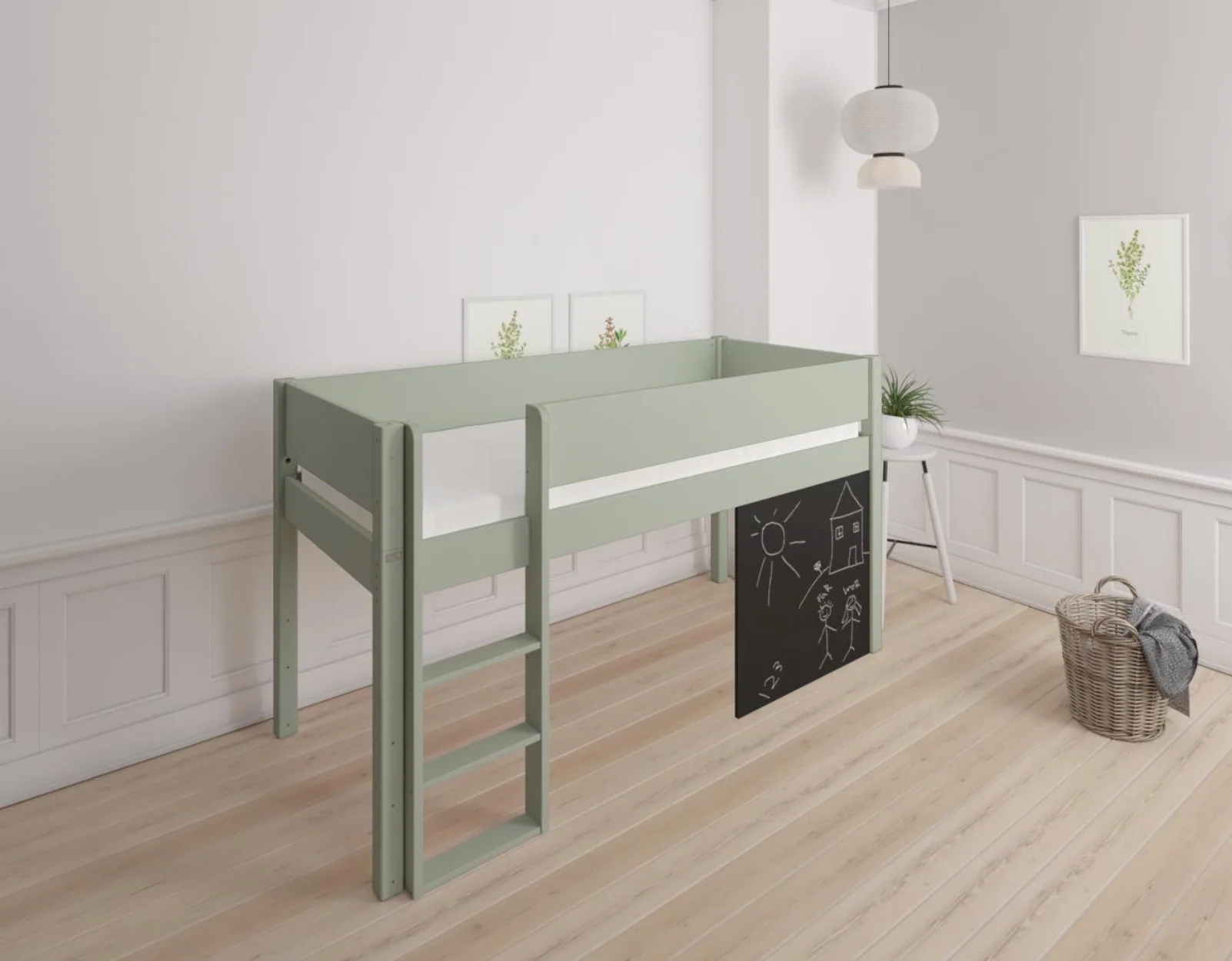 Dea halvhøj børneseng med tavle - height children's bed with chalkboard - 90*200cm - Light green - 54