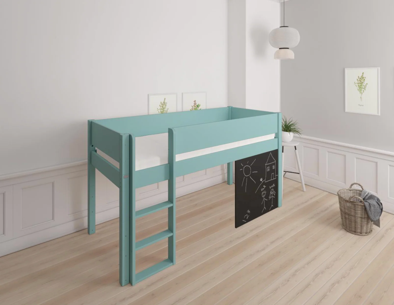 Dea halvhøj børneseng med tavle - height children's bed with chalkboard - 90*200cm - Mint blue - 42