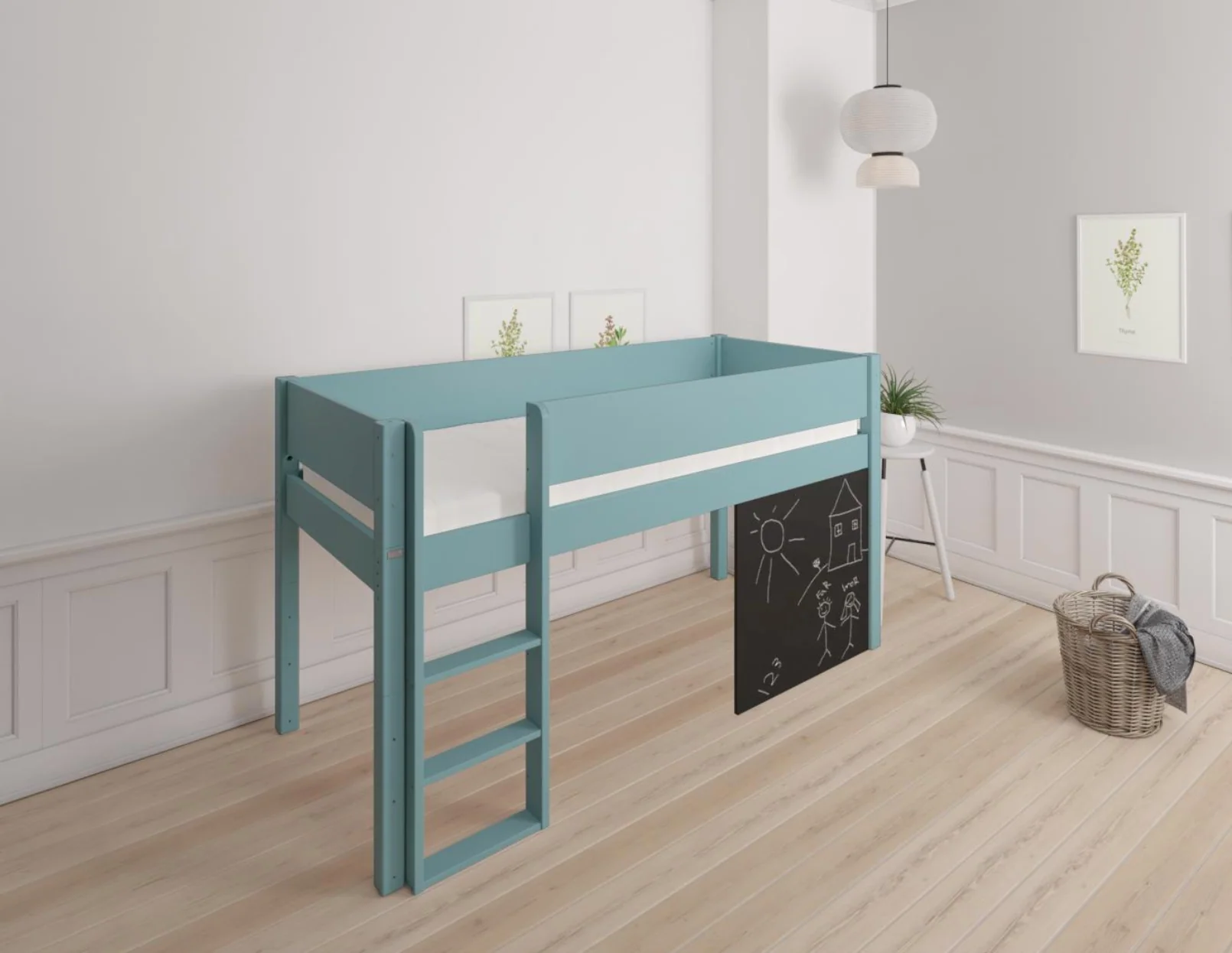Dea halvhøj børneseng med tavle - height children's bed with chalkboard - 90*200cm - Petroleum - 40