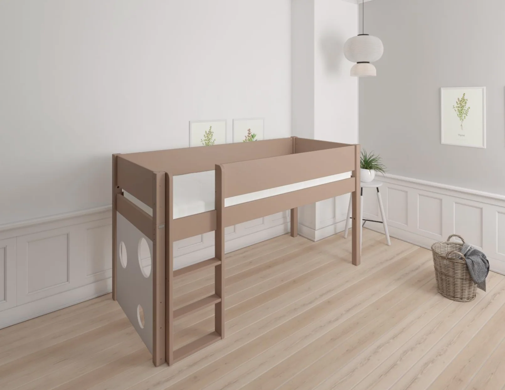 Sol halvhøj børneseng med boldtavle - height children's bed with ballboard - 90*160cm - Cafélatte - 55