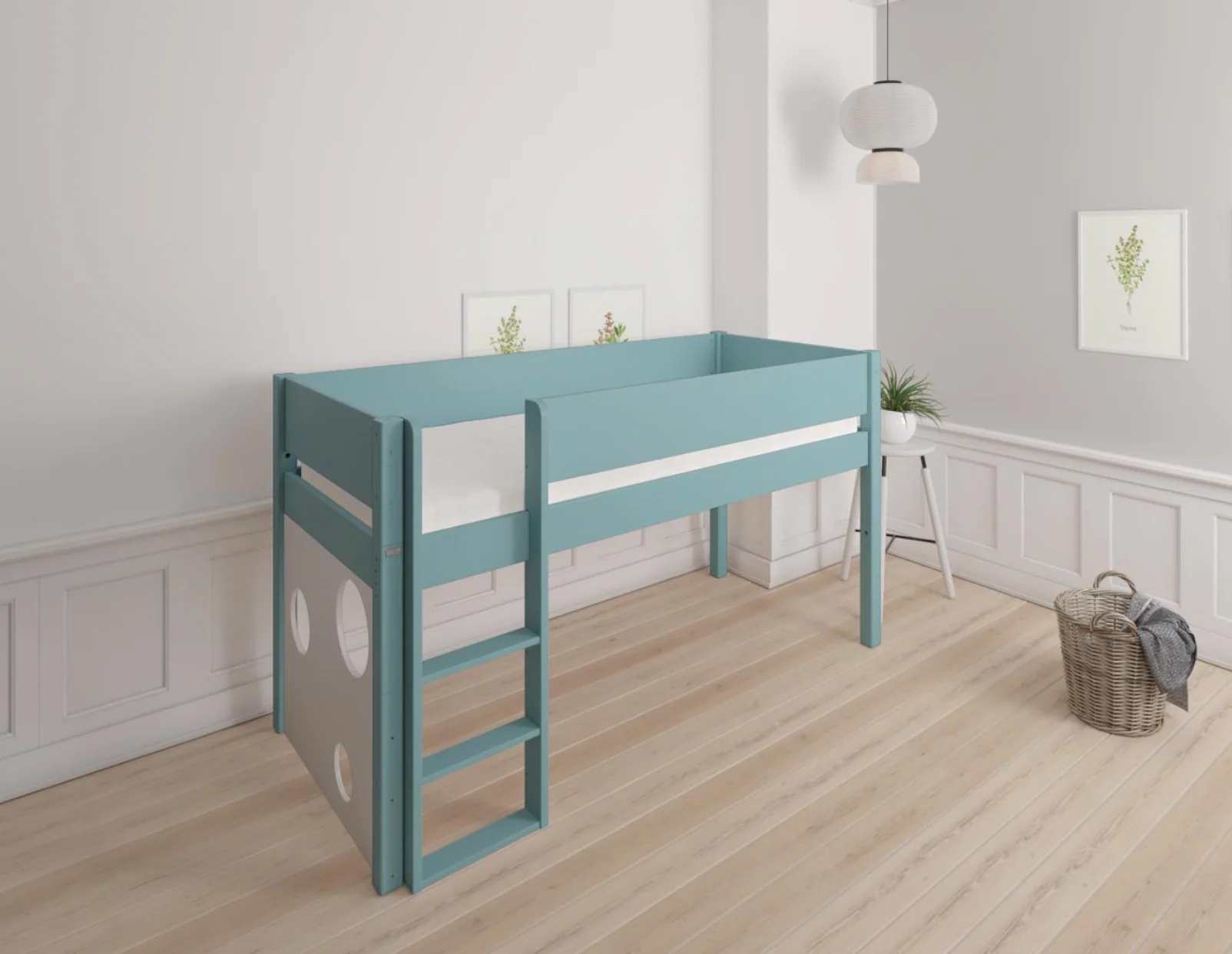 Sol halvhøj børneseng med boldtavle - height children's bed with ballboard - 90*160cm - Petroleum - 40