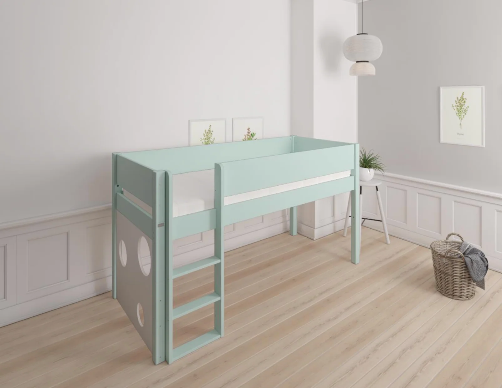 Sol halvhøj børneseng med boldtavle - height children's bed with ballboard - 90*200cm - Azur mint - 22