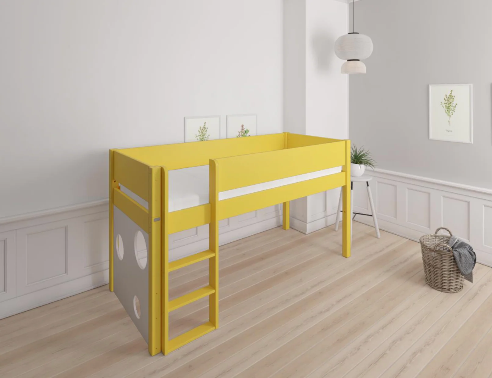 Sol halvhøj børneseng med boldtavle - height children's bed with ballboard - 90*200cm - Curry yellow - 43