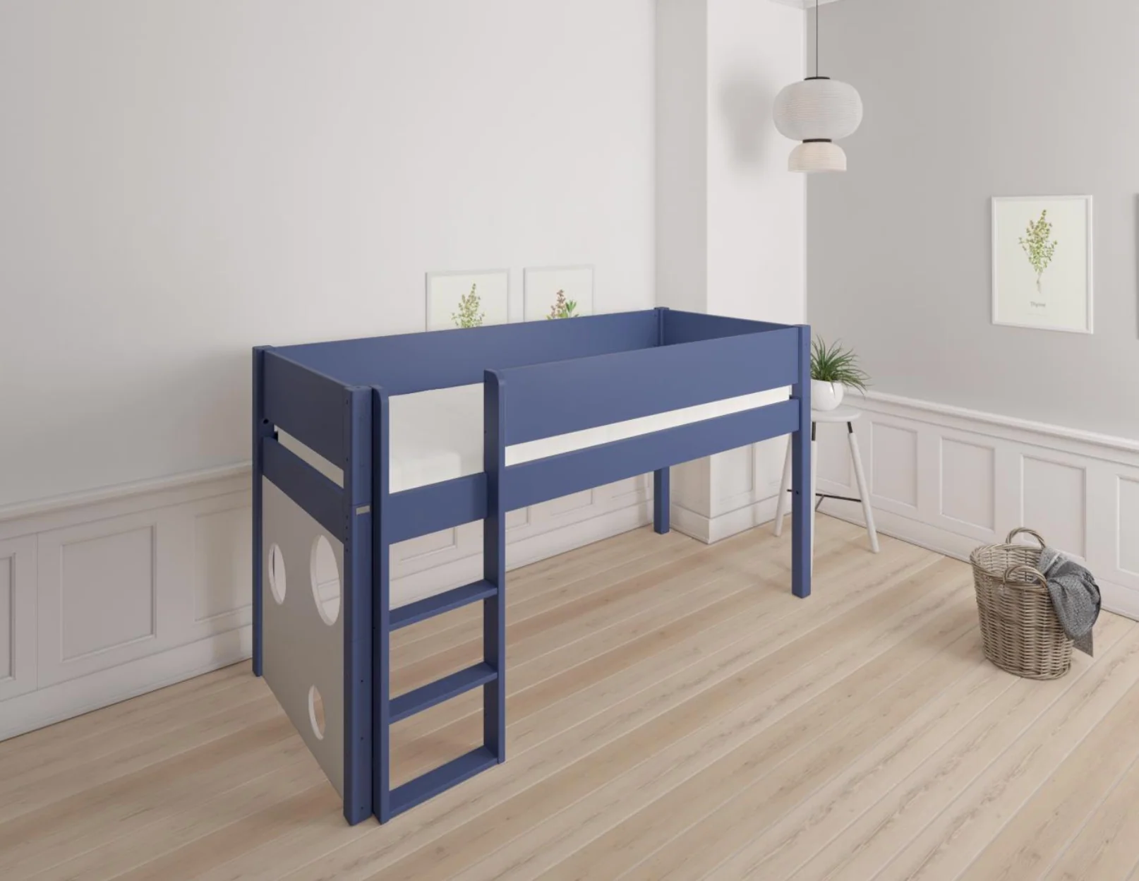 Sol halvhøj børneseng med boldtavle - height children's bed with ballboard - 90*200cm - Denim blue - 21