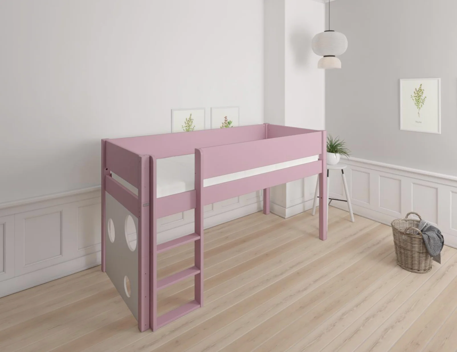 Sol halvhøj børneseng med boldtavle - height children's bed with ballboard - 90*200cm - Dusty rose - 25