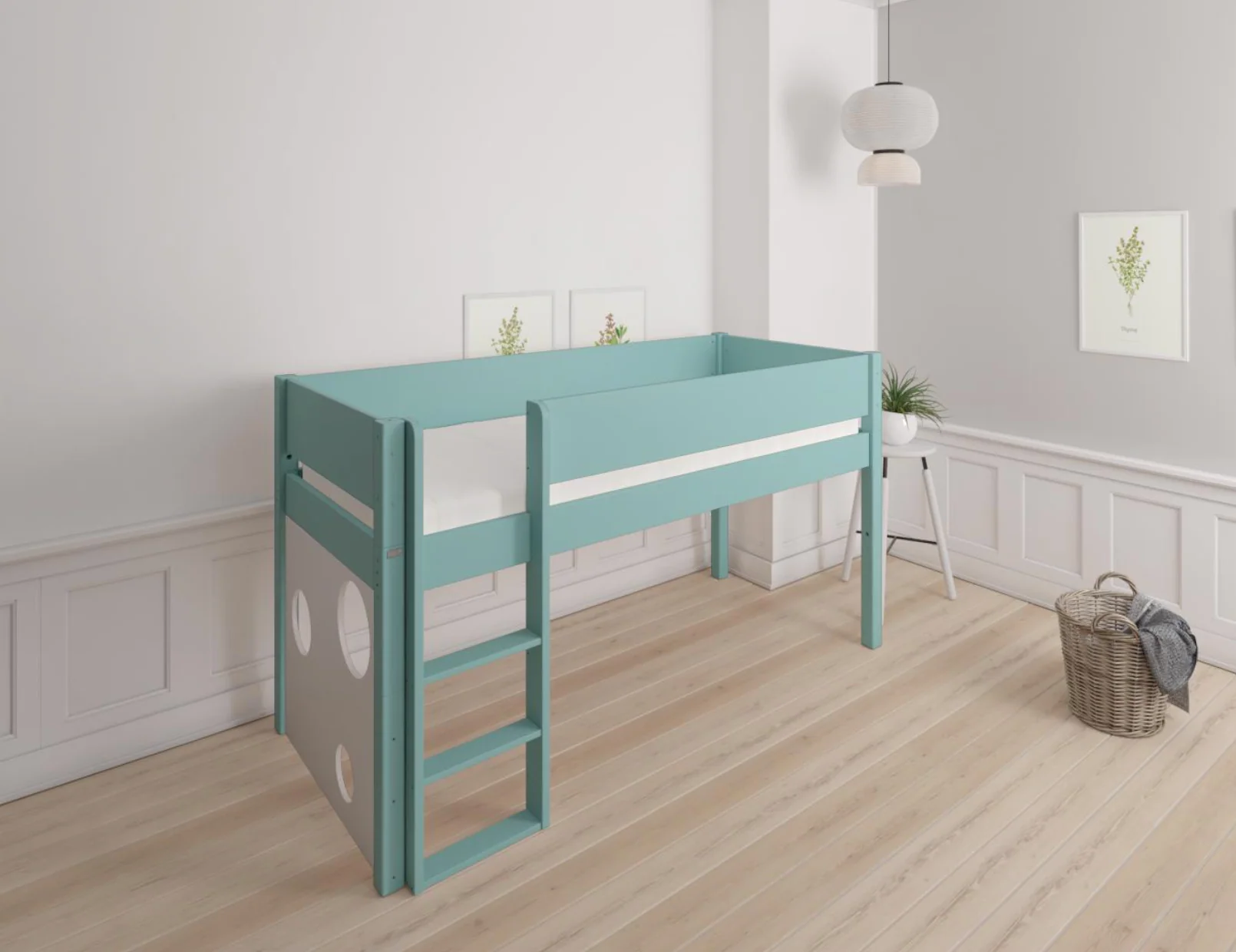 Sol halvhøj børneseng med boldtavle - height children's bed with ballboard - 90*200cm - Mint blue - 42